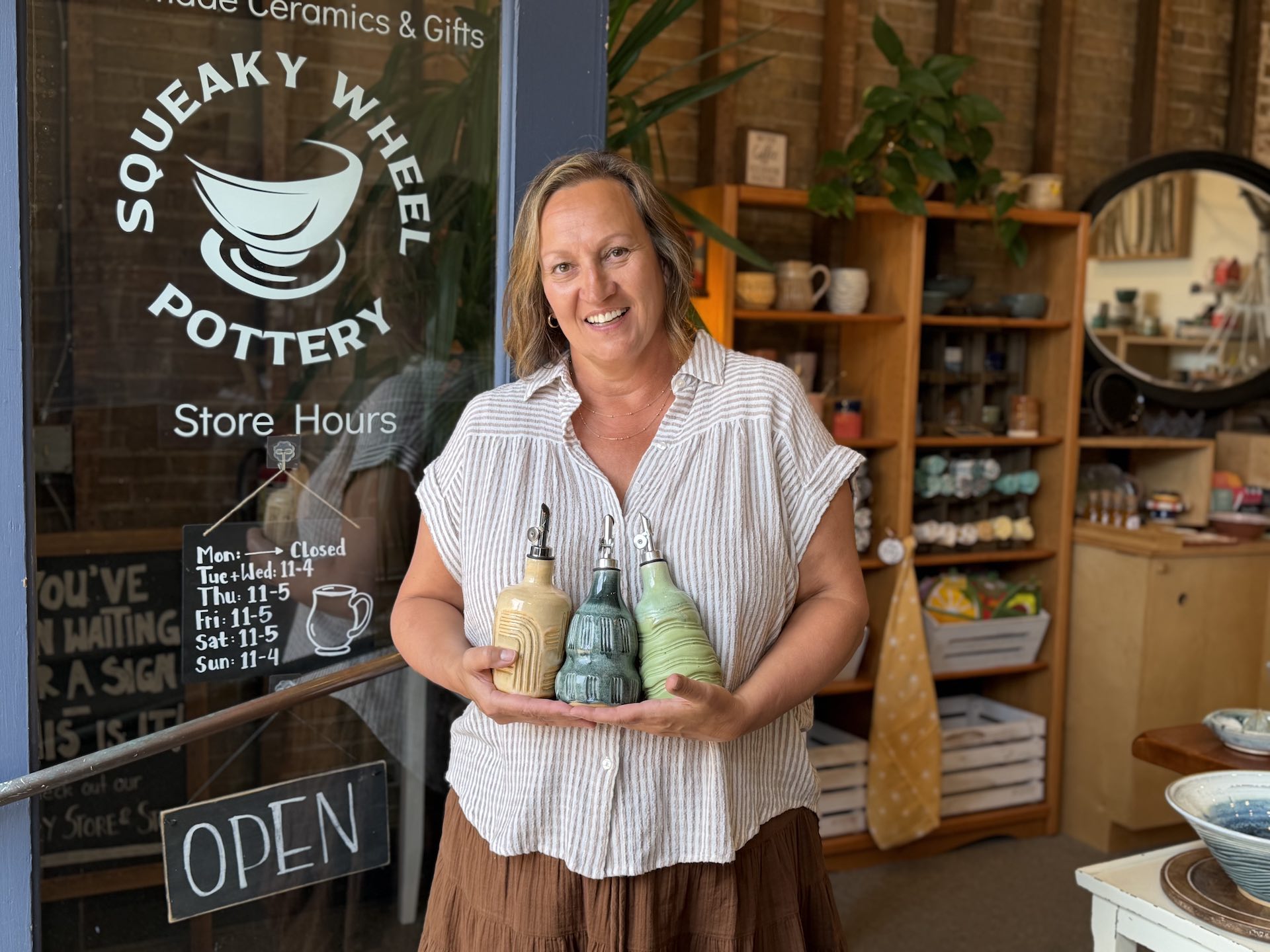 Hi, Babette here with Squeaky Wheel Pottery in downtown